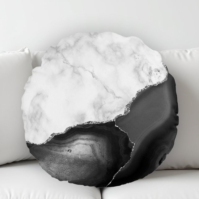 Coussins Ronds Marbre Blanc Agate Noire Paillettes Argentées (Créateur téléchargé)