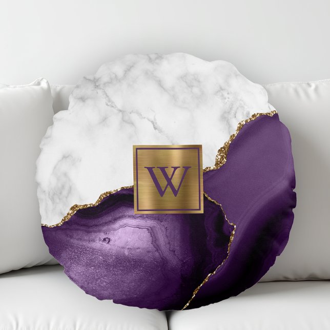 Coussins Ronds Marbre blanc doré violet Agate Monogramme (Créateur téléchargé)