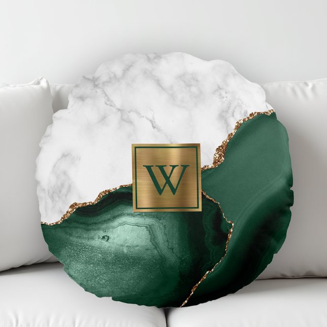 Coussins Ronds Marbre blanc émeraude doré vert Agate Monogramme (Créateur téléchargé)