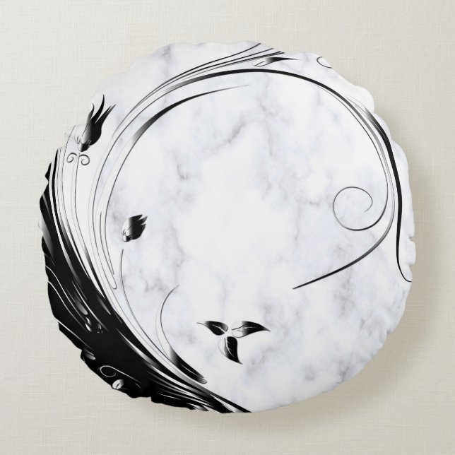 Coussins Ronds Marbre blanc, Graphique en fibre noire (Devant)