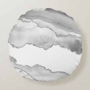 Coussins Ronds Marbre blanc gris Agate Paillettes argentées Éléga