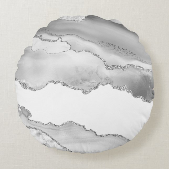 Coussins Ronds Marbre blanc gris Agate Parties scintillant argent (Devant)