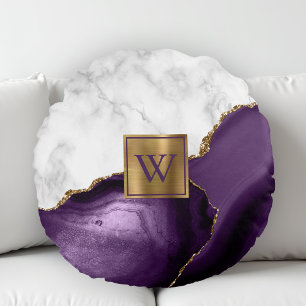 Coussins Ronds Marbre Blanc Monogramme Agate Violette Dorée