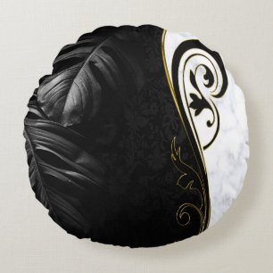 Coussins Ronds Marbre blanc, Noir, Filigree Or