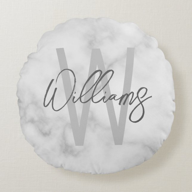 Coussins Ronds Marbre blanc Script Monogramme personnalisé et nom (Devant)