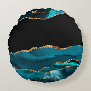 Coussins Ronds Marbre Bleu Agate Glamour Glitters Dorés Noirs