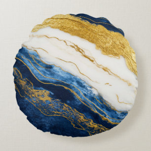 Coussins Ronds Marbre bleu marine de luxe et feuille d'or