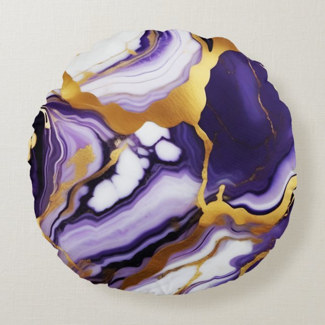 Coussins Ronds Marbre faux violet jaune or tendance gras (Devant)