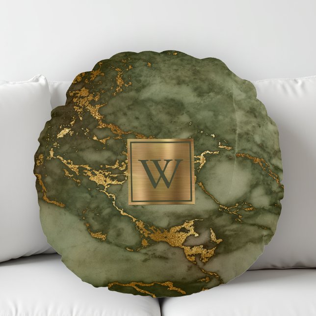 Coussins Ronds Marbre Vert Olive Monogramme Feuille d'Or Fausse (Créateur téléchargé)