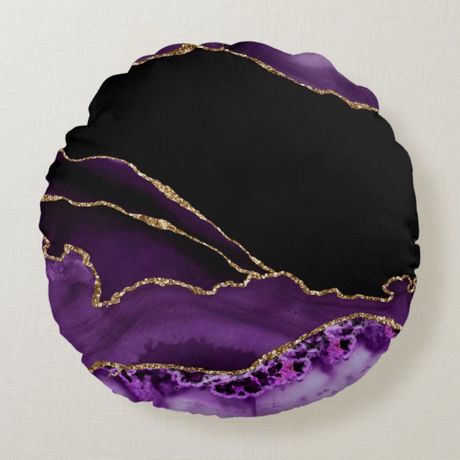 Coussins Ronds Marbre Violet Noir Agate Glamour Sombre Doré (Devant)