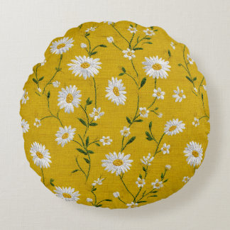 Coussins Ronds Marguerites blanches sur fond jaune