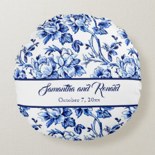 Coussins Ronds Mariage de toile Florale Bleu et Blanc