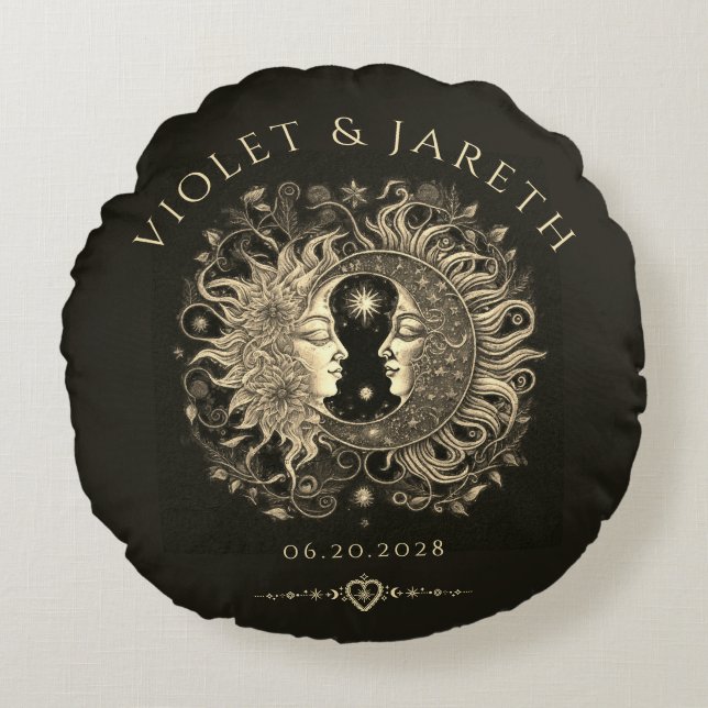 Coussins Ronds Mariage des étoiles de la lune de soleil céleste (Devant)