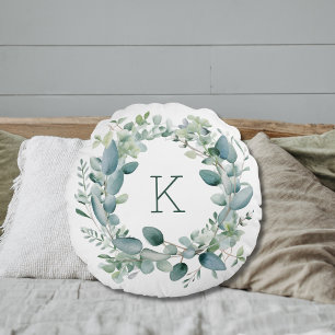 Coussins Ronds Mariage Feuilles de Verdure d'Eucalyptus Monogramm