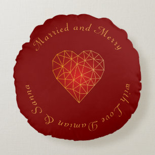 Coussins Ronds Marié et joyeux or géométrique rouge coeur amour