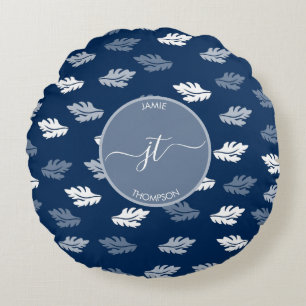 Coussins Ronds Marine Bleu Antique Feuille Motif Monogramme