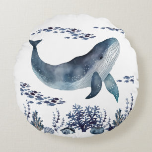 Coussins Ronds Marine Bleu Et Baleine Blanche Nautique