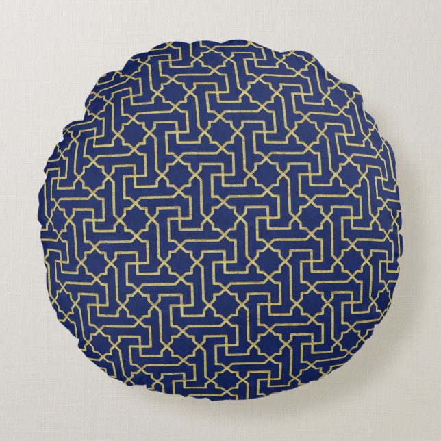 Coussins Ronds Marine Blue & Faux Gold Motif de mosaïque marocain (Devant)