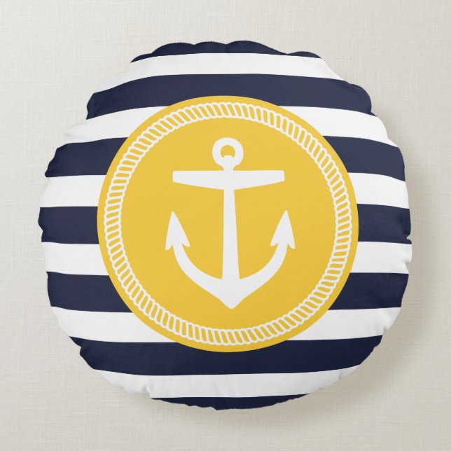 Coussins Ronds Marine et Jaune Preppy Nautical Stripes et Ancre (Devant)