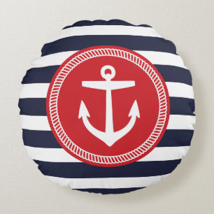 Coussins Ronds Marine et Red Nautical Stripes et Ancre