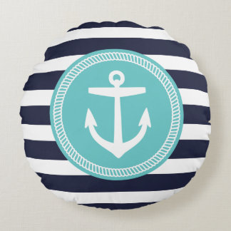 Coussins Ronds Marine et Turquoise Stripes et Ancres nautiques