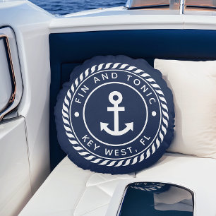 Coussins Ronds Marine nautique et Ancre blanche Votre nom de ba