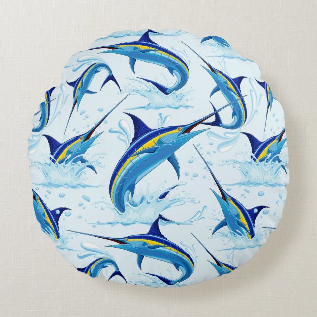 Coussins Ronds Marlin Bleu Jaillissant de l'Océan (Devant)
