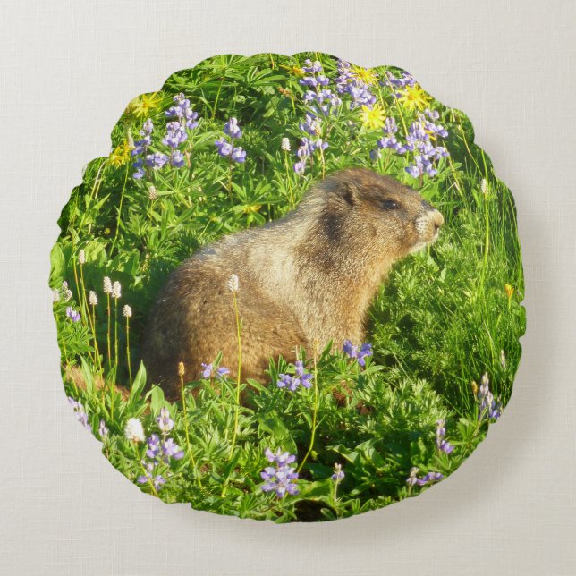 Coussins Ronds Marmot dans le Mont Rainier Fleurs sauvages (Devant)
