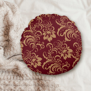 Coussins Ronds Maroon Gold Floral Swirl