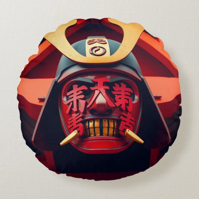 Coussins Ronds Masque de samouraï anime rouge (Devant)