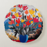 Coussins Ronds Matisse Style Floral Round Pillow - Modern Art<br><div class="desc">Bring color and artistic flair into your home with this modern floral round pillow. Featuring a vibrant bouquet of bold flowers in warm reds, oranges, and yellows set against a scenic landscape background, this design adds a cheerful and contemporary touch to any space. The round shape gives this decorative pillow...</div>