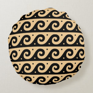 Coussins Ronds Méandre Grec, Motif de Vague Méditerranéen, Marron