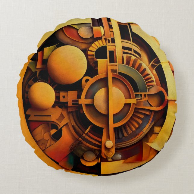 Coussins Ronds Mécanisme doré abstrait Steampunk (Devant)
