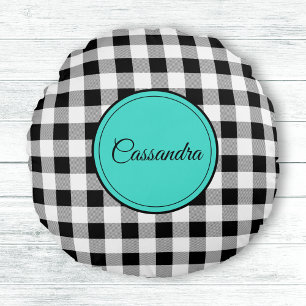 Coussins Ronds Méditation du chèque de Buffalo noir et blanc