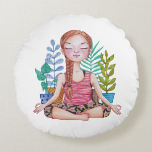 Coussins Ronds Méditer la fille avec les Plantes