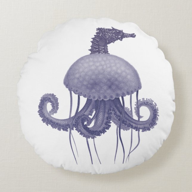 Coussins Ronds MÉDUSE hippocampe BLEU (Devant)