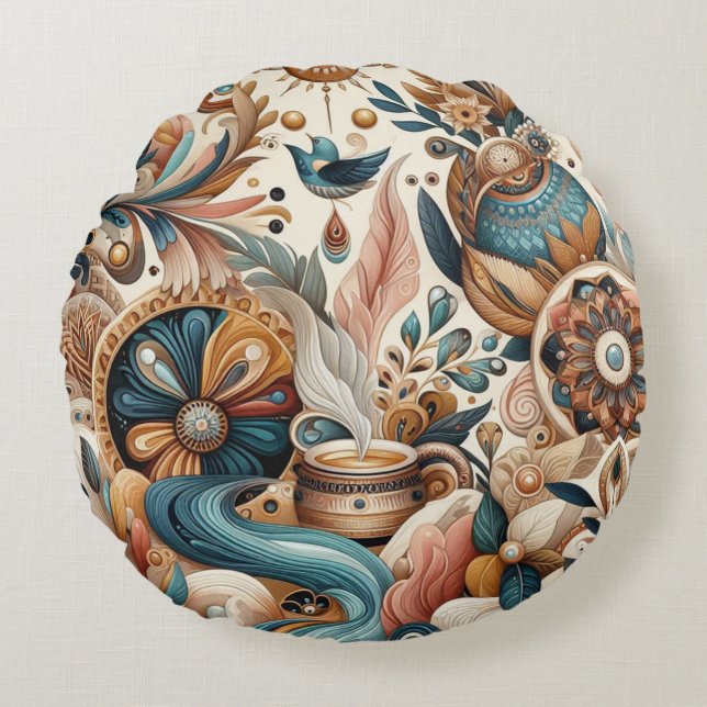 Coussins Ronds Mélange bohème de fleurs turquoises, magenta, viol (Devant)