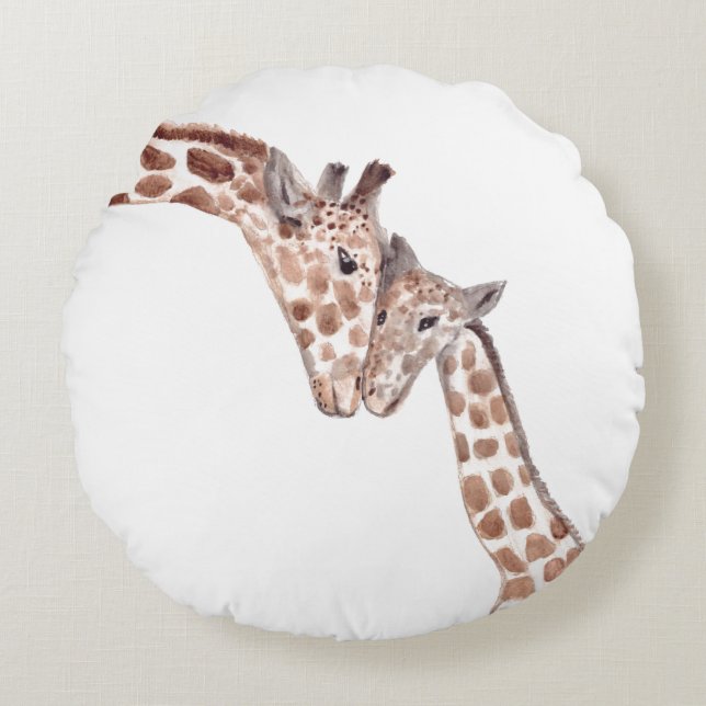 Coussins Ronds Mère girafe avec bébé aquarelle Africaine (Devant)