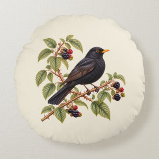 Coussins Ronds Merle noir britannique sur branche de mûrier botan