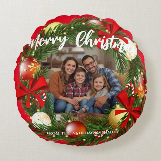 Coussins Ronds Merry Christmas Wreath Photo Personalized Family N (Devant)