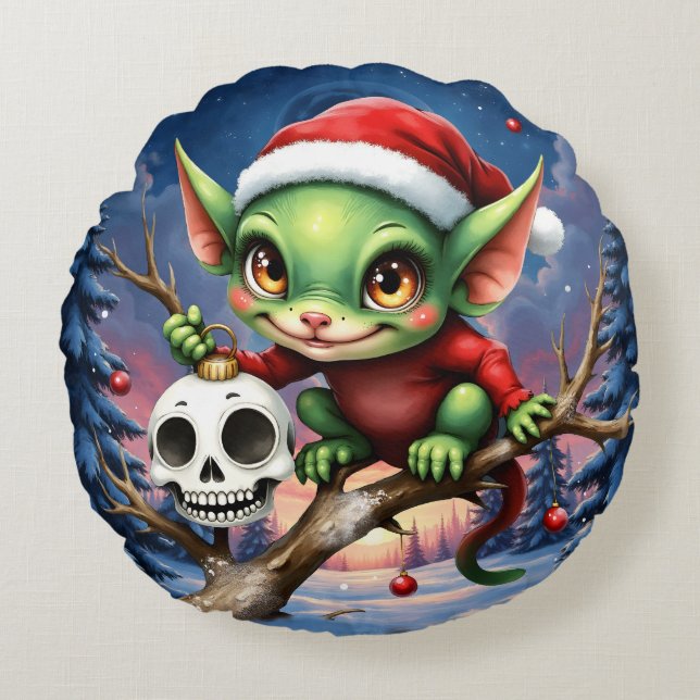 Coussins Ronds Merry Mischief – Le Petit Elf de Noël. (Devant)