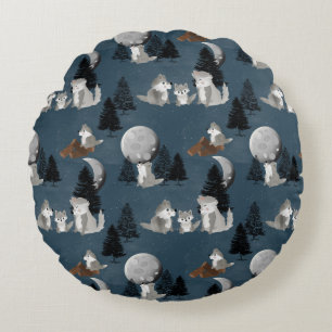 Coussins Ronds Meute de loups mignons Forêt nocturne Chambre d'en