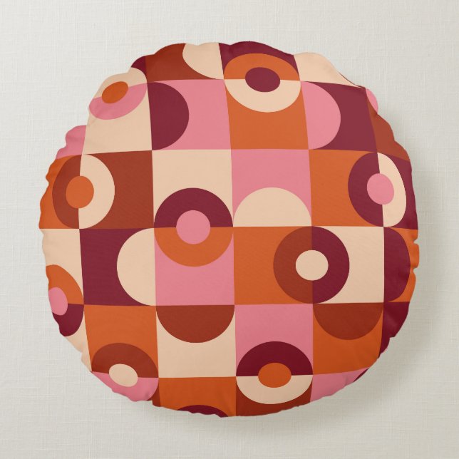 Coussins Ronds Mi-siècle moderne demi-cercles rose orange (Devant)
