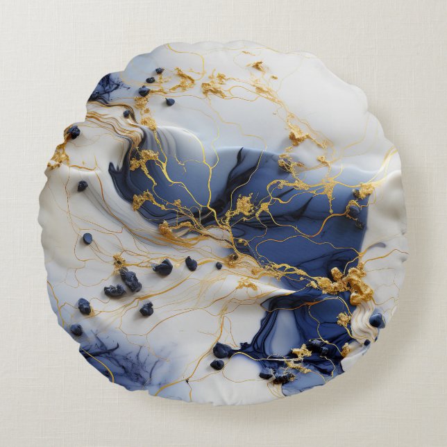Coussins Ronds Midnight Sapphire Marble with Gold Threads (Devant)