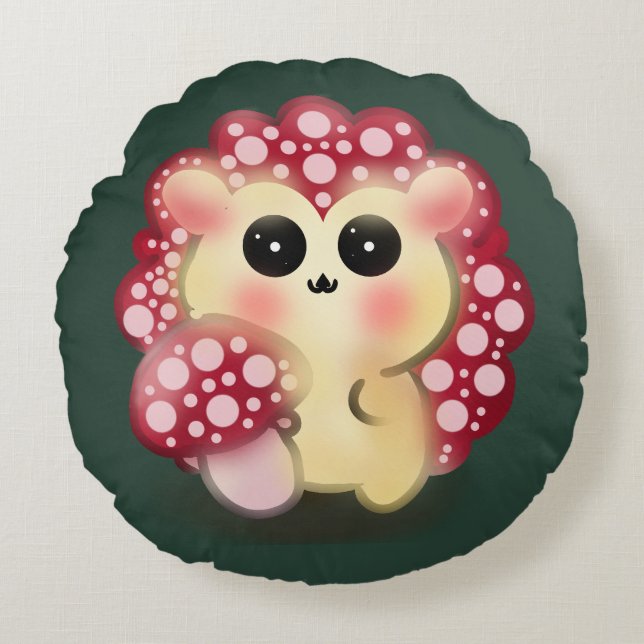 Coussins Ronds Mignon Art de Champignon Rouge Kawaii Hérisson (Devant)
