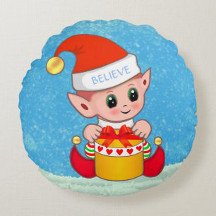 Coussins Ronds Mignon bébé elfe de Noël sur un oreiller rond bleu