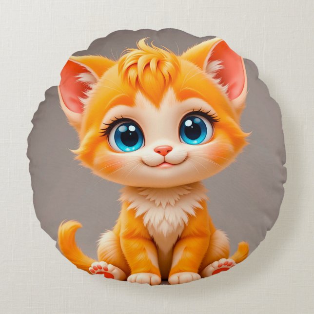 Coussins Ronds Mignon Charme de Dessin Animé Orange 🐱✨ (Devant)