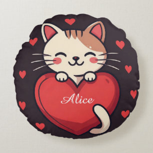 Coussins Ronds Mignon Chat Blanc avec Cœur Kawaii Kitty Design d'