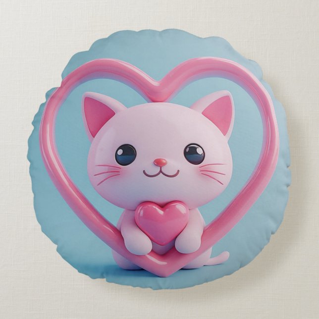 Coussins Ronds Mignon Chat Blanc avec Design de Kawaii Kitty Love (Devant)