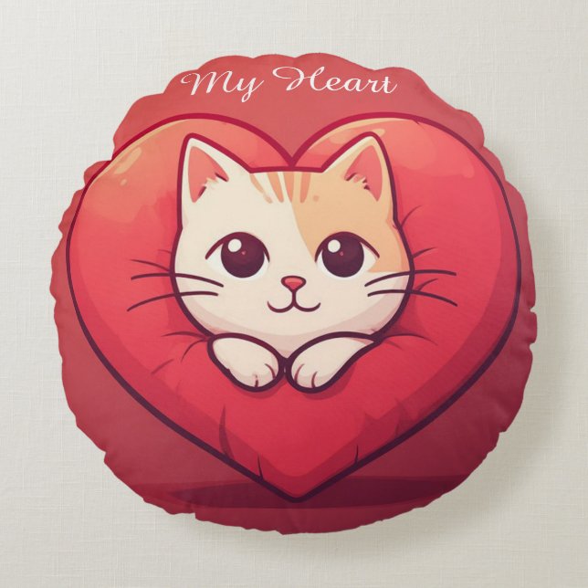 Coussins Ronds Mignon Chat Blanc avec Design de Kawaii Kitty Love (Devant)